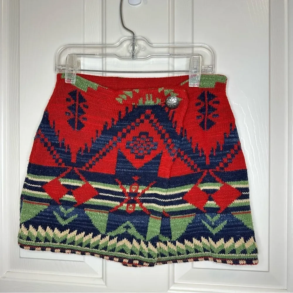 VTG Ralph Lauren Red Blue Green Aztec Knit Mini Wrap Skirt Youth Sz S/7 Western